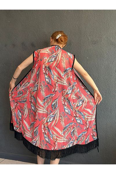 Gönülden Tasarım Flower Patterned Long Tassel Women's Vest Beach Vest 105 cm