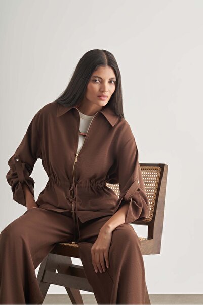 Mizalle Modal Karışımlı Rahat Kesim Beli Lastikli Kahverengi Pantolon