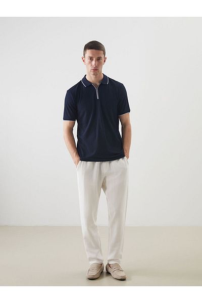 LC Waikiki Navy Blue Polo Neck Men's Textured T-Shirt
