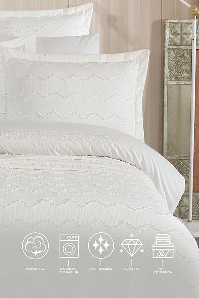 Elart Bedding Set with Pearl Duvet Cover 7 Pieces Cream