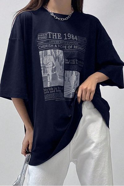 MODAGEN Unisex Navy Blue Crew Neck 1984 Newspaper Printed Oversize T-Shirt
