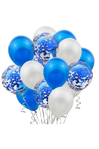 Teno Set 15 Baloane Teno®, Confeti, 3 culori, latex, albastru/alb/transparent