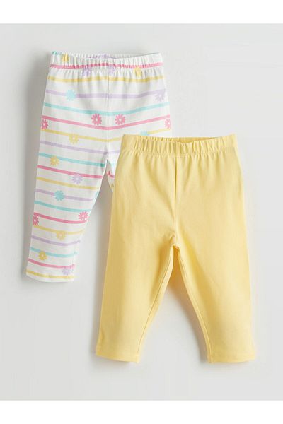 LC Waikiki Floral Girl's Leggings with Elastic Waist 2-Piece Ecruyellow