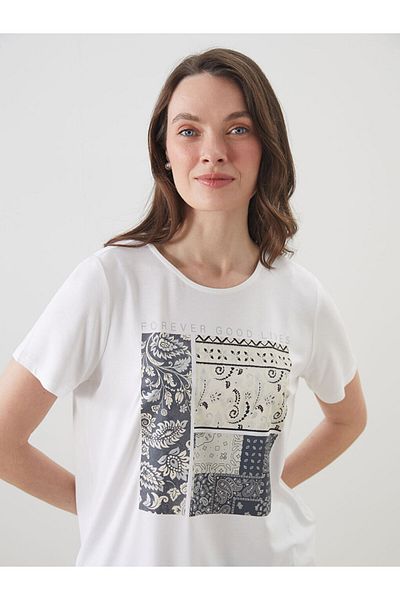 LC Waikiki Grace White Crew Neck Printed Women's T-Shirt