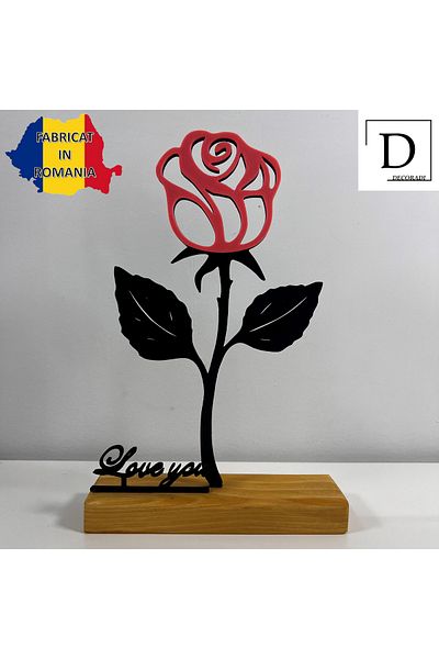 OEM "Pink Rose - Love You" decoration with natural wooden base, 22 cm, pink/black, 3D printed