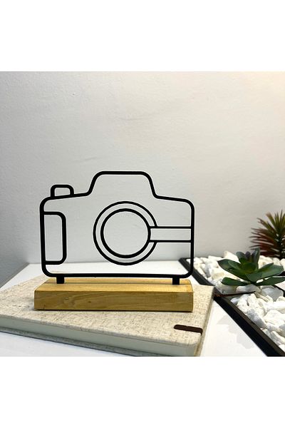 OEM "Photo Camera" decoration with natural wooden base, 12 cm, black, 3D printed