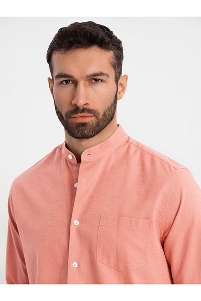 OMBRE Herren Leinenhemd mit Stehkragen und Tasche REGULAR FIT - rosa V1 OM-SHCS-0161 XXL