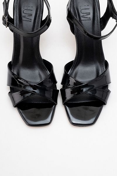 LuviShoes Melin Black Patent Leather Cross Strap Women's Heeled Shoes