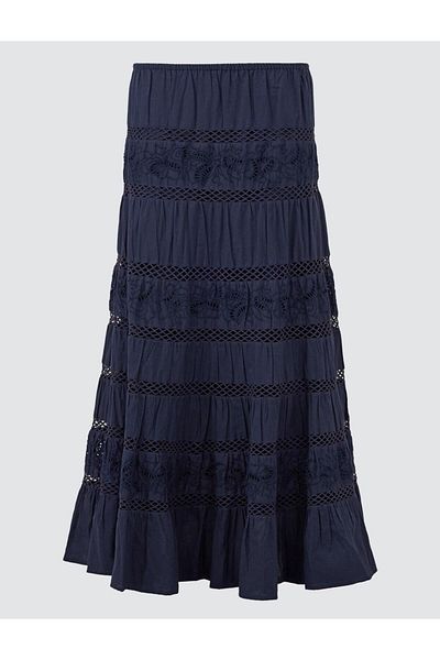 Jimmy Key Navy Blue 100% Cotton Regular Waist Embroidered Long Skirt