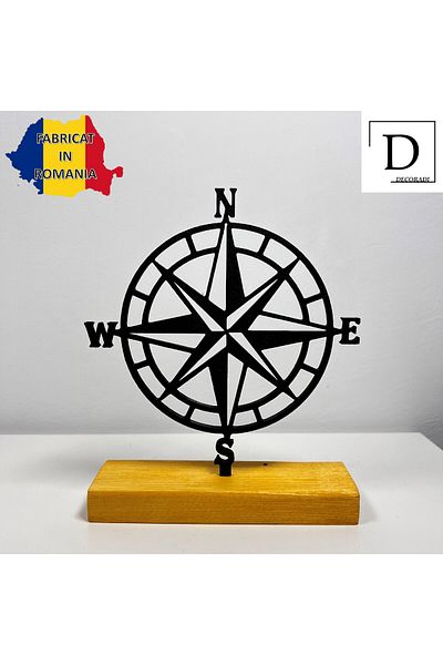 OEM "Compass" decoration with natural wooden base, 16.5 cm, black, 3D printed