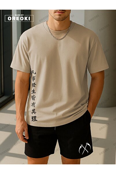 EFFRENATU Latest Breath Printed Cotton Fabric Unisex Beige T-Shirt-Black Shorts Set
