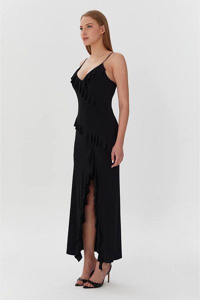 Kinzi Women's V Neck Ruffle Chic and Stylish Black Dress