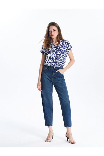 LC Waikiki Navy Blue Scoop Collar Patterned Women's Blouse