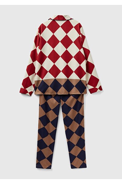 United Colors of Benetton Γυναικείο Σετ Πιτζάμες Μπεζ Mix με κουμπιά με μοτίβο μπακλαβά
