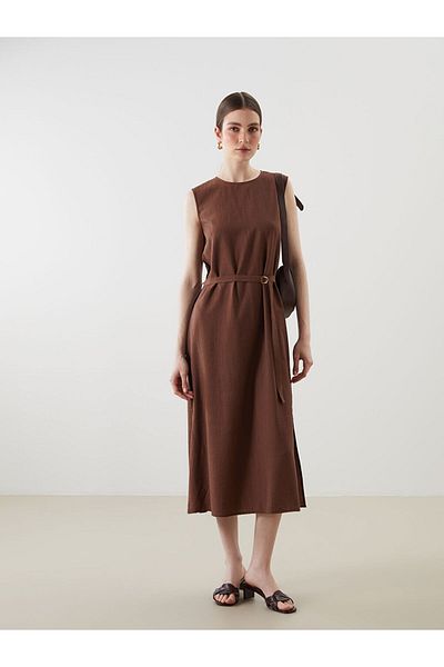LC Waikiki Brown Crew Neck Belted Dress