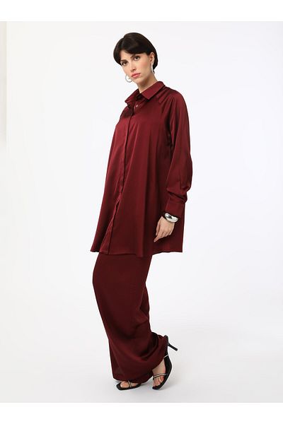 Refka Satin Tunic Trousers Double Set - Burgundy - Refka