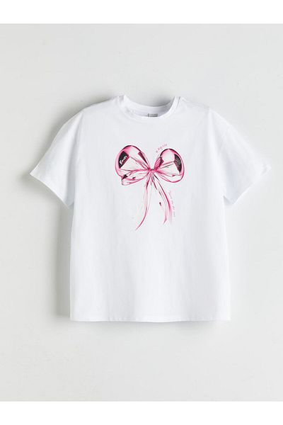 LC Waikiki White Crew Neck Bow Printed Girl's T-Shirt