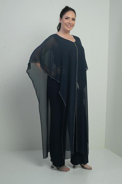 By Saygı Women's Chiffon Stone Detail Cape Wide Leg Lycra Plus Size Jumpsuit