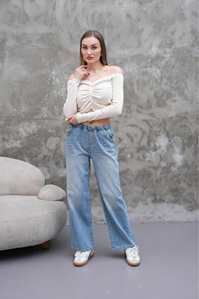 COOL TARZ Pantaloni de damă casual cu talie înaltă elastică, albastru