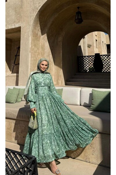 Armalia Flora Desenli Şifon Elbise – Yeşil