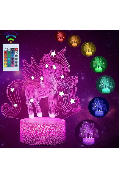 Miniso Blue 16 Colors Unicorn Night Light for Kids 3D Night Lamp 16 Colors Changes with Remote Control Room