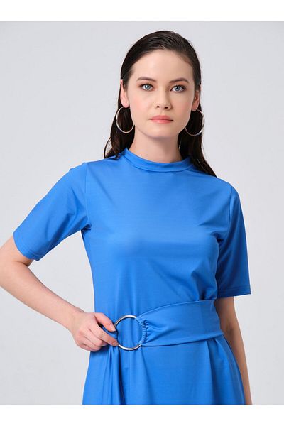 ALFASA Silver Belt Buckle Half Sleeve Semi-Closed Swimsuit - Blue - Alfasa