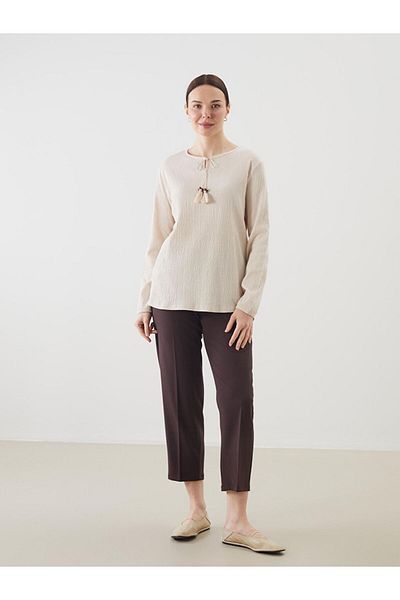 LC Waikiki Grace Beige Tie Collar Textured Women's Blouse