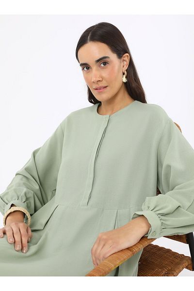 Benin Rochie hijab din amestec de in cu detaliu de pat în față - Verde Nil - Benin