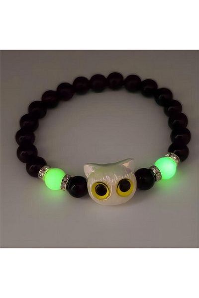 Choice BR24Y0309-2 Cute Cartoon Big Eye Cat Luminous Bracelets For Women Men Animal Black White Kitten Bead