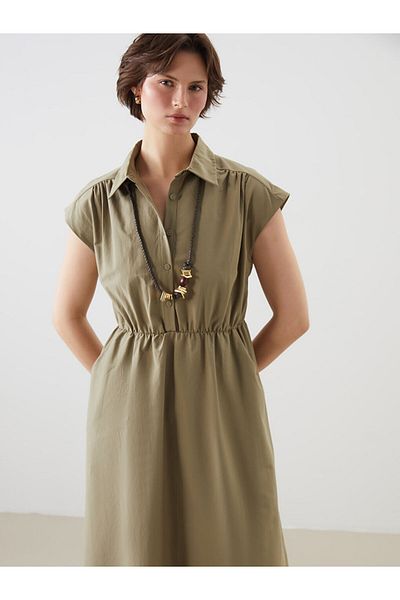 LC Waikiki Green Shirt Collar Poplin Women's Dress