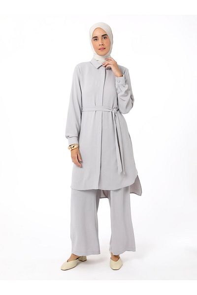 Refka Tie Detailed Trousers Tunic Double Set - Gray - Refka