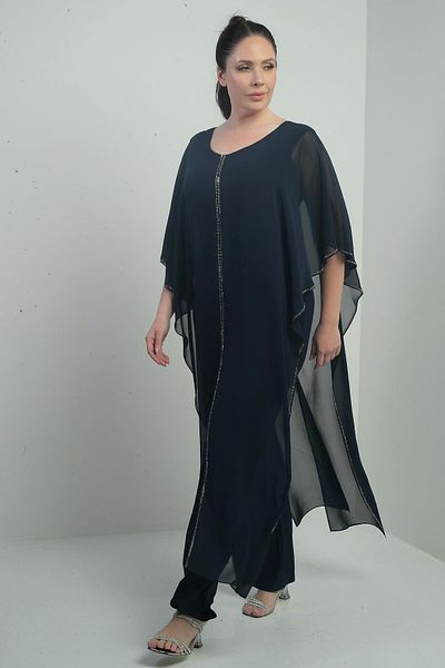 By Saygı Women's Chiffon Stone Detail Cape Wide Leg Lycra Plus Size Jumpsuit