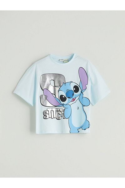 LC Waikiki Blue Crew Neck Stitch Printed Girl's T-Shirt