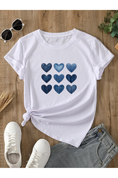 uyguntarz Unisex Jean Patterned Heart Design Printed Tshirt