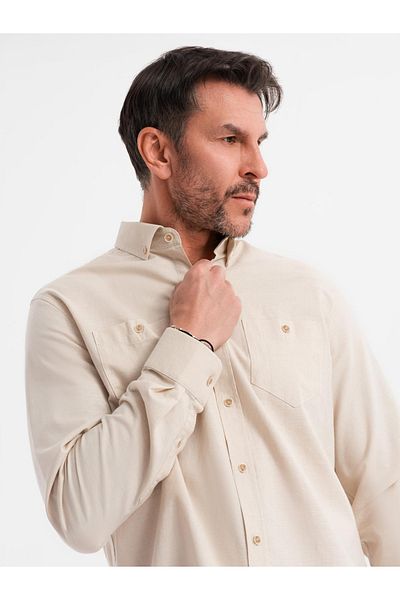 OMBRE Herren Leinenhemd mit klassischem Kragen und Taschen REGULAR FIT - creme V3 OM-SHCS-0134 XXL