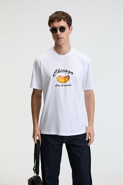 GRIMELANGE Crisp Men's Oversize 100% Cotton Printed Round Neck White T-Shirt