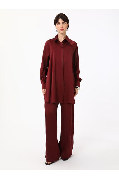 Refka Satin Tunic Trousers Double Set - Burgundy - Refka