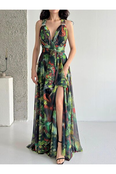 Serica Moda Βραδινό φόρεμα Maxi Chiffon με πράσινο σχέδιο με δεμένο σχιστό λεπτομέρεια