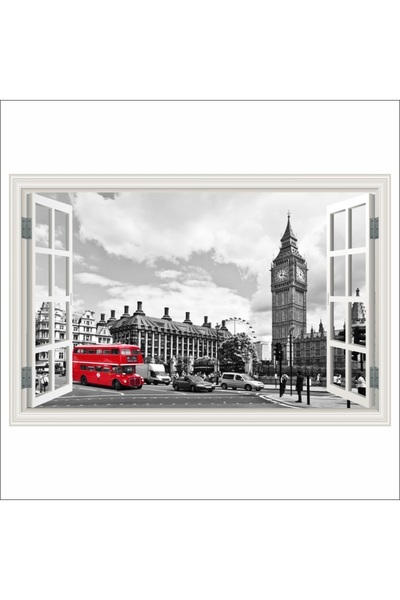 media Fototapet de perete autoadeziv si lavabil Fereastra Londra, bus rosu, a...
