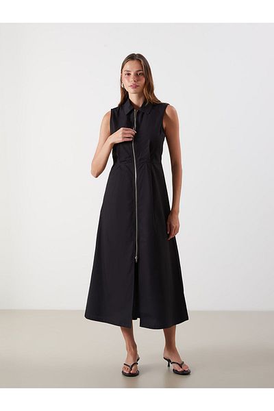 LC Waikiki Black Shirt Collar Poplin Dress