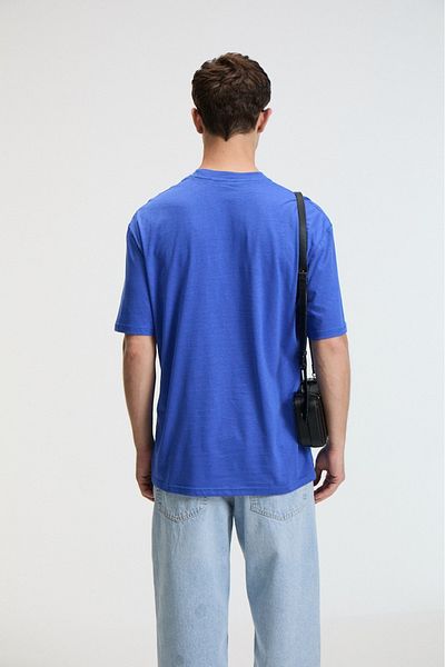 GRIMELANGE Crisp Men's Oversize 100% Cotton Printed Round Neck Saks Blue T-Shirt