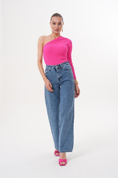 Tarz Cool Women's Palazzo Loose Leg Super High Waist Jean Trousers Navy Blue
