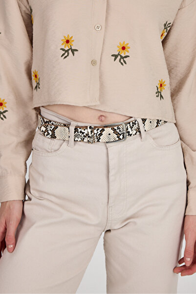 Rays Μπεζ ζώνη με ασημένια αγκράφα με μοτίβο από δέρμα φιδιού 422