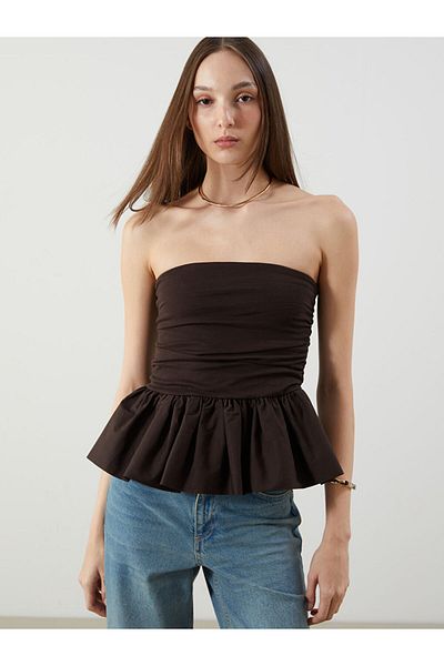 LC Waikiki Brown Strapless Neckline Gathered Blouse