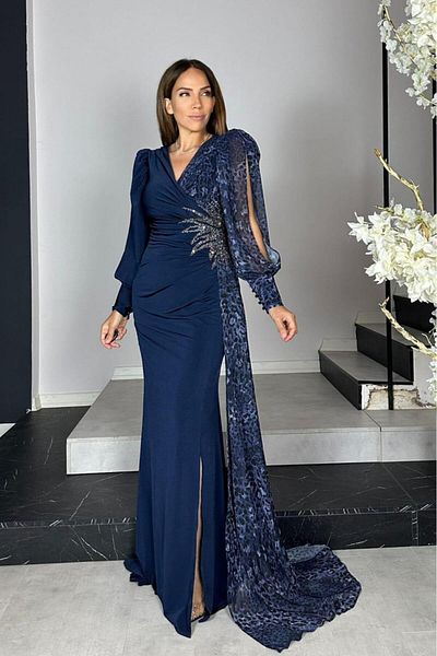 gesmoda G1296 Leopard Detailed Design Evening Dress Navy Blue