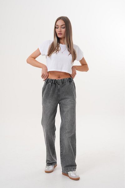 Tarz Cool Women's Loose Leg High Elastic Waist Jean Trousers Anthracite