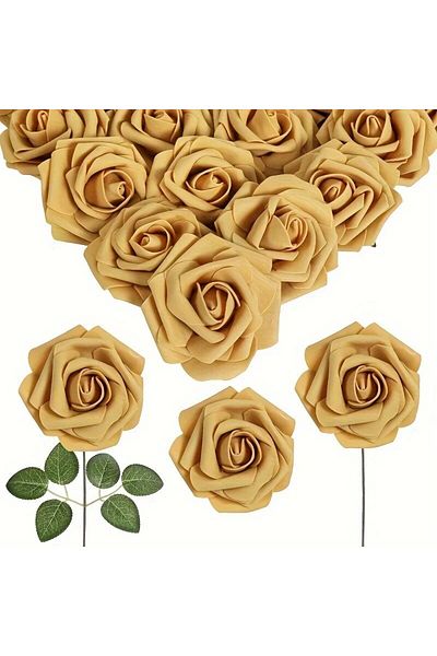 Choice Gold Artificial Flowers 25pcs Real Looking Golden Foam Fake Roses with Stems for DIY Wedding Bouquet