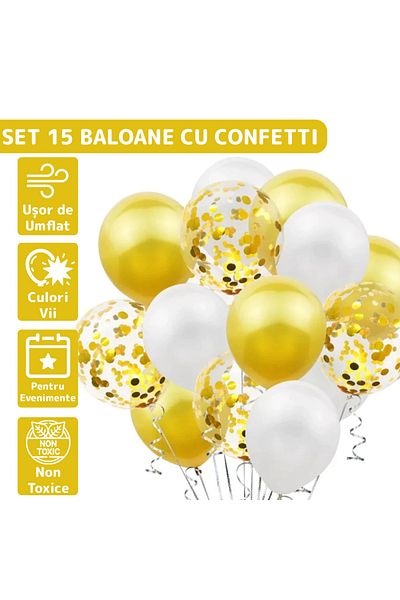Teno Set of 15 Teno® Balloons, Confetti, 3 colors, latex, gold/white/transparent
