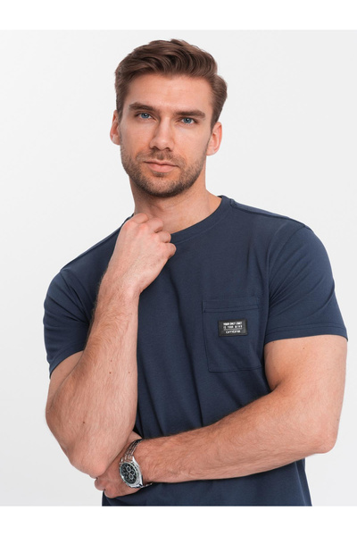 OMBRE Herren Casual T-Shirt mit Taschenaufnäher - Marineblau V10 OM-TSCT-0109 L