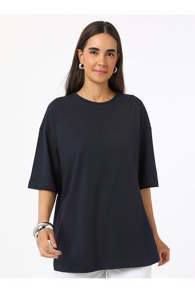 Refka Γυναικείο μπλουζάκι Crew Neck Off Shoulder Basic - Navy Blue - Refka